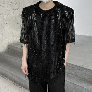 Sequined Fringed Short-sleeved T-shirt