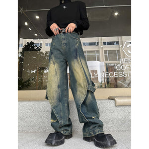 Retro Straight-leg Distressed Washed Patchwork Jeans