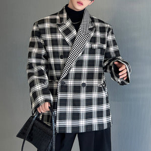 Double Collar Plaid Contrast Blazer