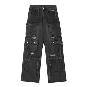 Ripped Denim Loose Straight-leg Multi-pocket Trousers