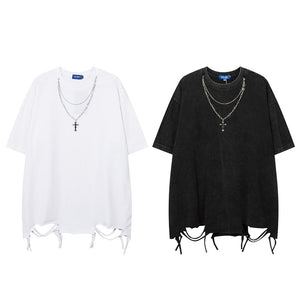 Hem Ripped Necklace Trim Short Sleeve T-Shirt