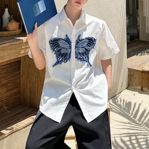 Denim Butterfly Print Loose Short Sleeve Shirt