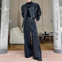 Load image into Gallery viewer, Deconstructed Washed Denim PU Leather Jacket Wide-leg Trousers Two-piece Suit
