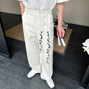 Embroidered Dark Pattern Casual Wide-leg Pants