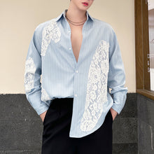 Load image into Gallery viewer, Lace Panel Design Long Sleeve Striped Shirt
