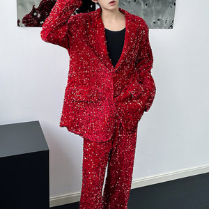 Red Sequined Suit Jacket Slim Straight Suit Pants Two-piece Set