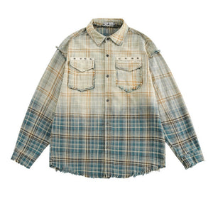 Gradient Pointed Collar Plaid Distressed Shirt