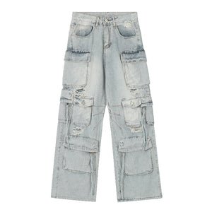 Ripped Denim Loose Straight-leg Multi-pocket Trousers