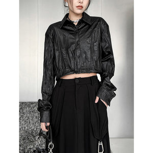 Pleated Shoulder Pad PU Leather Shirt