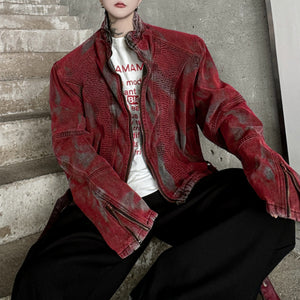 Pleated Spray-painted Stand-up Collar Jacket