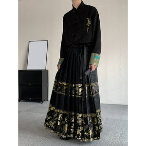 Ethnic Long-sleeved Shirt Flocked Vest Gold-woven Horse-faced Skirt Three-piece Suit