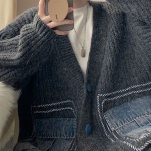 Lazy Denim Pocket Patchwork Sweater Jacket