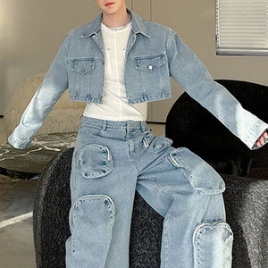 Denim Three-dimensional Multi-pocket Short Jacket and Wide-leg Trousers Two-piece Set