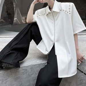 Double Zipper Shoulder Pads Short Sleeve Shirt