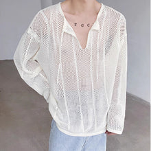 Load image into Gallery viewer, White Hollow V-neck Long Sleeves Knitted T-shirt
