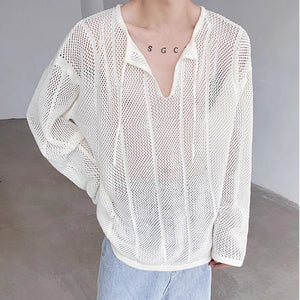 White Hollow V-neck Long Sleeves Knitted T-shirt