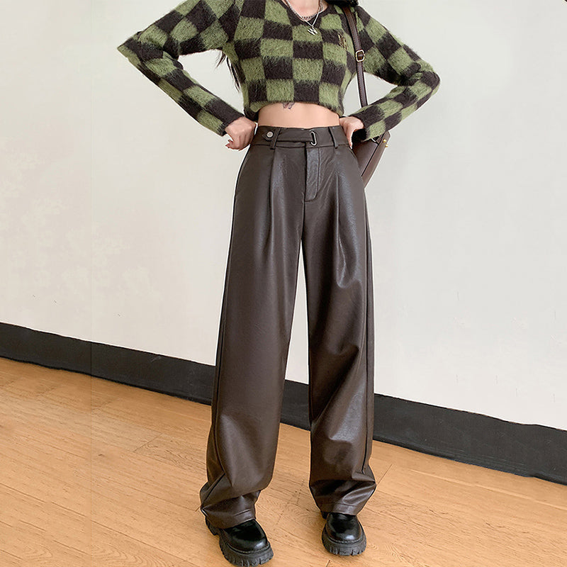 Autumn and Winter Retro PU Leather Wide-leg Pants