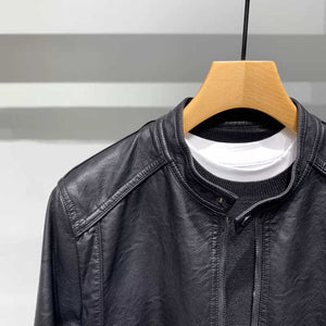 Slim-Fit Stand Collar Leather Jacket