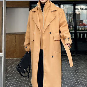 Fake Two Piece Spliced Stand Collar Woolen Long Coat