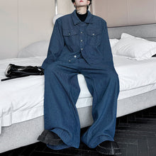 Load image into Gallery viewer, Denim Cropped Jacket with Buttons and Wide-Leg Pants Two-Piece Set
