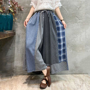 Color Block Denim Wide Leg Pants