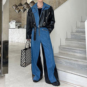 Deconstructed Washed Denim PU Leather Jacket Wide-leg Trousers Two-piece Suit