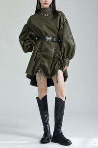 Irregular Drawstring PU Leather Cape Dress