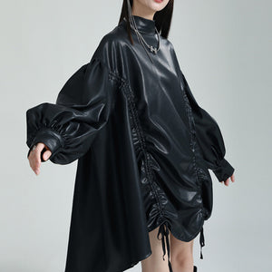 Irregular Drawstring PU Leather Cape Dress