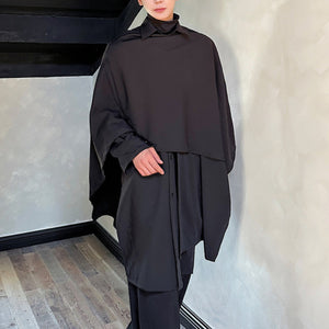 Shawl-shoulder Flared Sleeves Faux Two-piece Cape Shirt