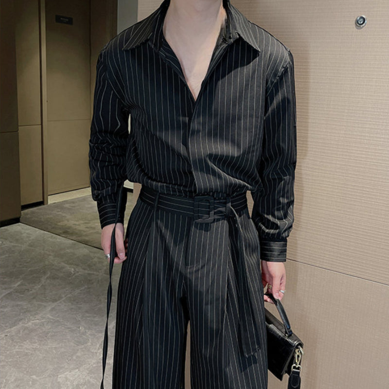 Striped Long-sleeved Wide-leg Pants Two-piece Suit