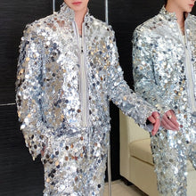 Load image into Gallery viewer, Sequined Stand Collar Jacket Straight Flared Pants Stage Party Two-piece Set
