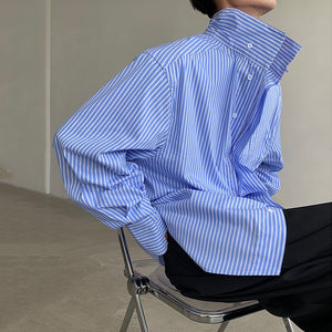 Blue Striped Turtleneck Loose Fit Shirt