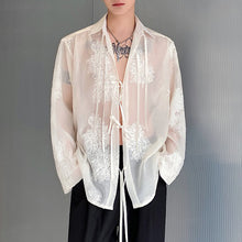 Load image into Gallery viewer, Embroidered Lace-up Slightly Sheer Long-sleeved Shirt
