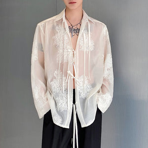 Embroidered Lace-up Slightly Sheer Long-sleeved Shirt