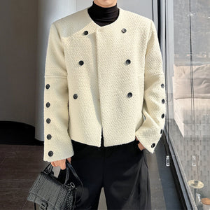 Button-embellished Loose Collarless Woolen Jacket