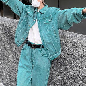 Vintage Washed Distressed Jacket Straight-leg Pants Denim Suit