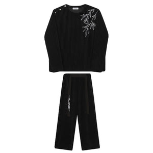 Retro Embroidered Sweatshirt and Wide-leg Trousers Two-piece Set