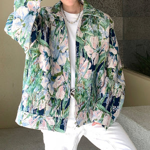 Tulip Print Zipped Denim Jacket