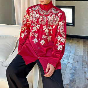 Retro Floral Embroidered Stand Collar Shirt