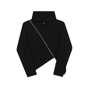 Slanted Fly Zipper Hooded Casual Sweatshirt