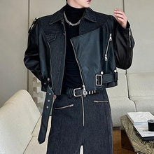 Load image into Gallery viewer, Deconstructed Washed Denim PU Leather Jacket Wide-leg Trousers Two-piece Suit
