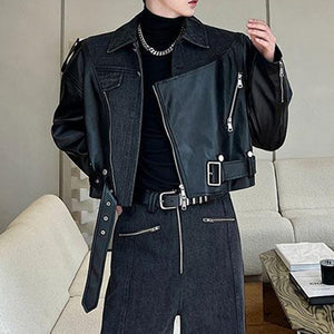 Deconstructed Washed Denim PU Leather Jacket Wide-leg Trousers Two-piece Suit