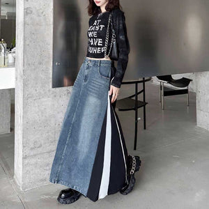 Spliced Denim Loose A-line Skirt