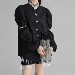 Beaded Puff Sleeve Pleated Shirt