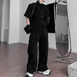 Pleated Short-sleeved Jacket and Wide-leg Pants Two-piece Suit