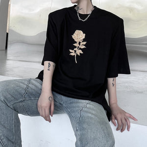 Rose Print Shoulder Pad T-shirt