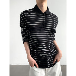 Striped Lapel Polo Loose Long Sleeve Shirt