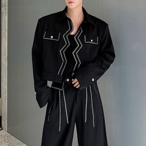 Retro Wave Topstitch Embroidery Short Jacket Straight Wide-Leg Pants Two-Piece Set