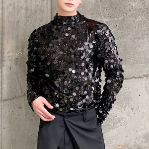 Sequin Party Stage Stand Collar Tight T-Shirt