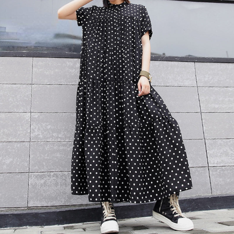 Stand Collar Polka Dot Short Sleeve Dress